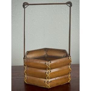 Hexagon Wood Basket with Handle 1970s Storage Decor